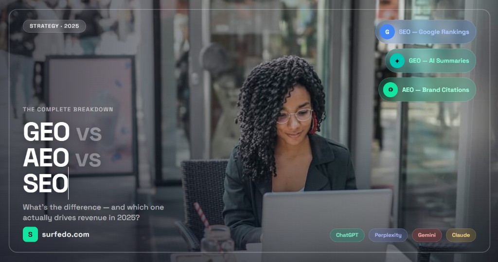 Comparison banner for SEO, GEO, and AEO in 2025 — professional woman with laptop; icons for Google rankings, AI summaries, and brand citations; Surfedo